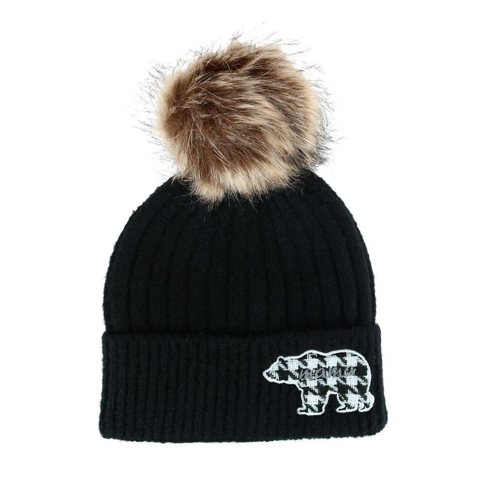 3492 David & Young Mama Bear Beanie Hat with Houndstooth Patch, Black